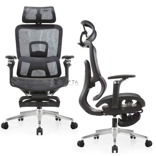 Ghế công thái học Ergonomic chống gù CR4335-M Nội thất Capta Ghế văn phòng công thái học lưng lưới nệm lưới đen có gác chân giá đỡ cột sống tựa đầu lưng ghế nệm ghế tay điều chỉnh được chân ghế thép mạ chrome hcm