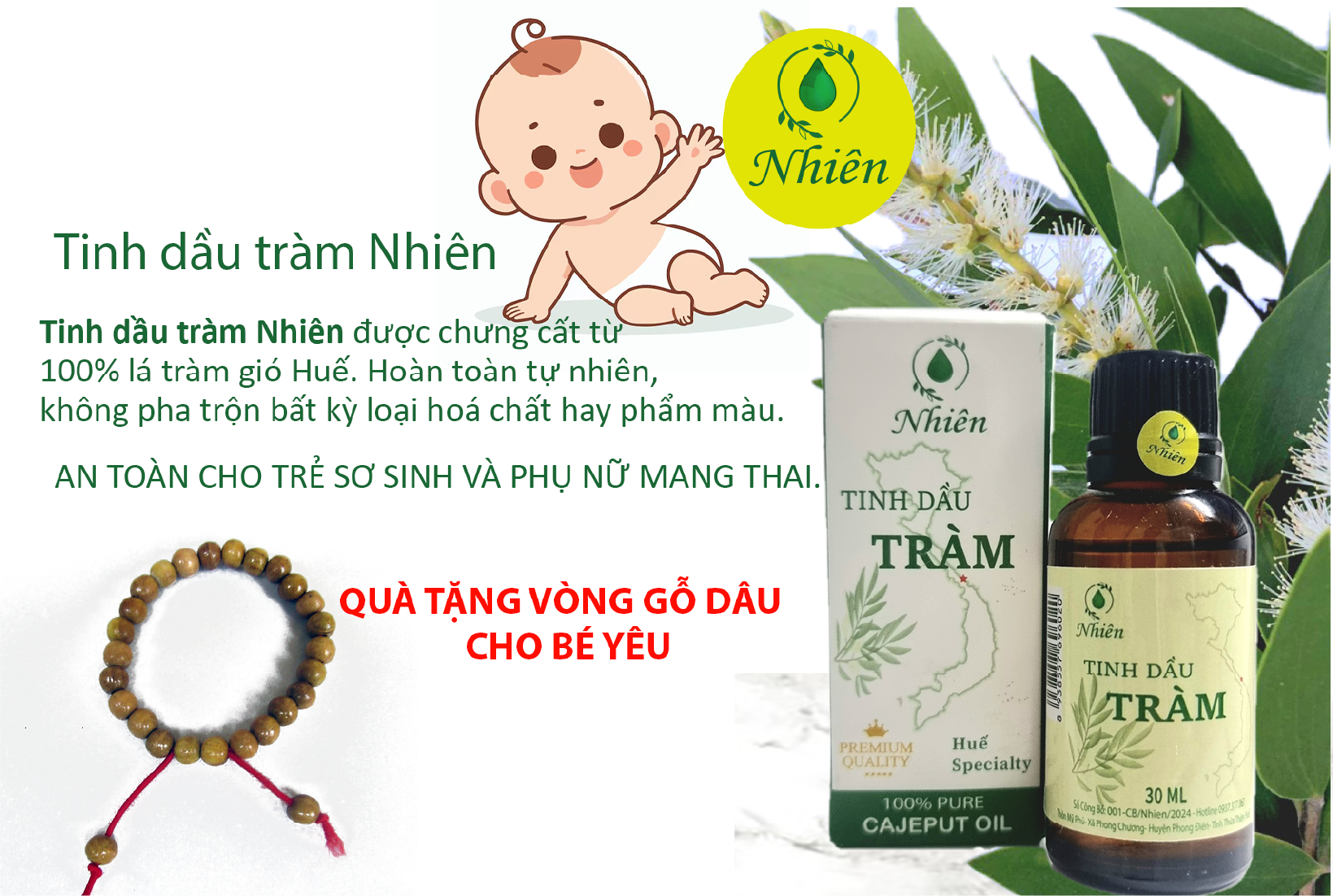 Tinh dầu tràm nguyên chất Nhiên 30ml- dầu tràm Huế nguyên chất, an toàn cho trẻ sơ sinh