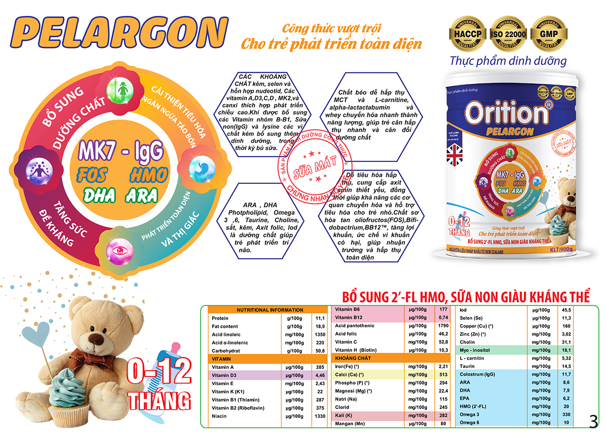SỮA BỘT ORITION PELARCON DINH DƯỠNG ĐẦY ĐỦ VÀ CÂN ĐỐI GIÚP PHÁT TRIỂN NÃO BỘ VÀ CHIỀU CAO CHO BÉ KHỎE MẠNH -900G