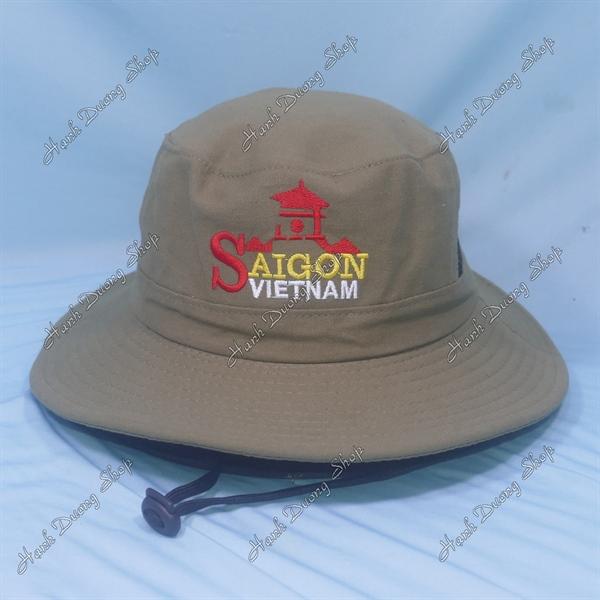 Nón tai bèo nón lính nam thêu chữ Sài Gòn Việt Nam, có lỗ thông gió bên hông nón - Rêu Nhạt