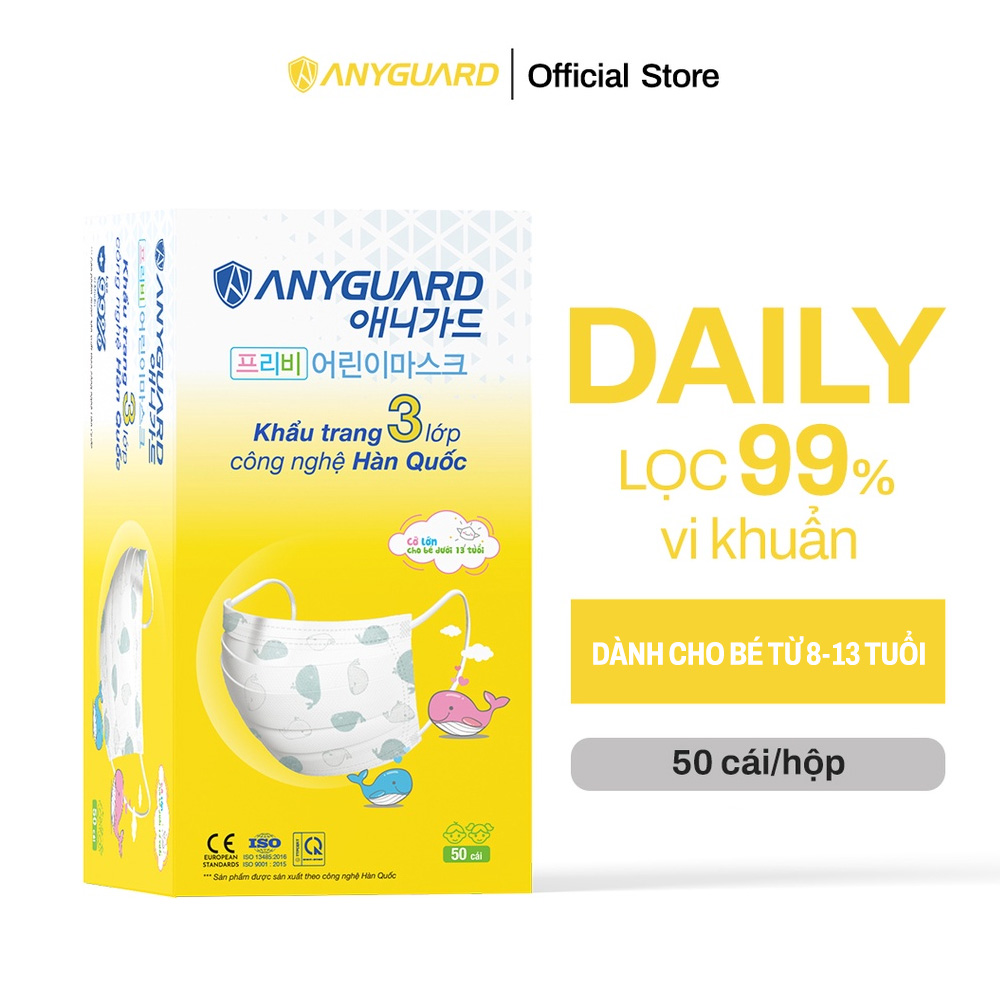 Khẩu Trang Trẻ Em Anyguard Hàn Quốc 3 Lớp Chính Hãng -베이비 마스크 - Face Mask For Kids Under 13 yearsold-ISO 9001:2015, ISO 13485:2016, QCVN 01:2017/BTC