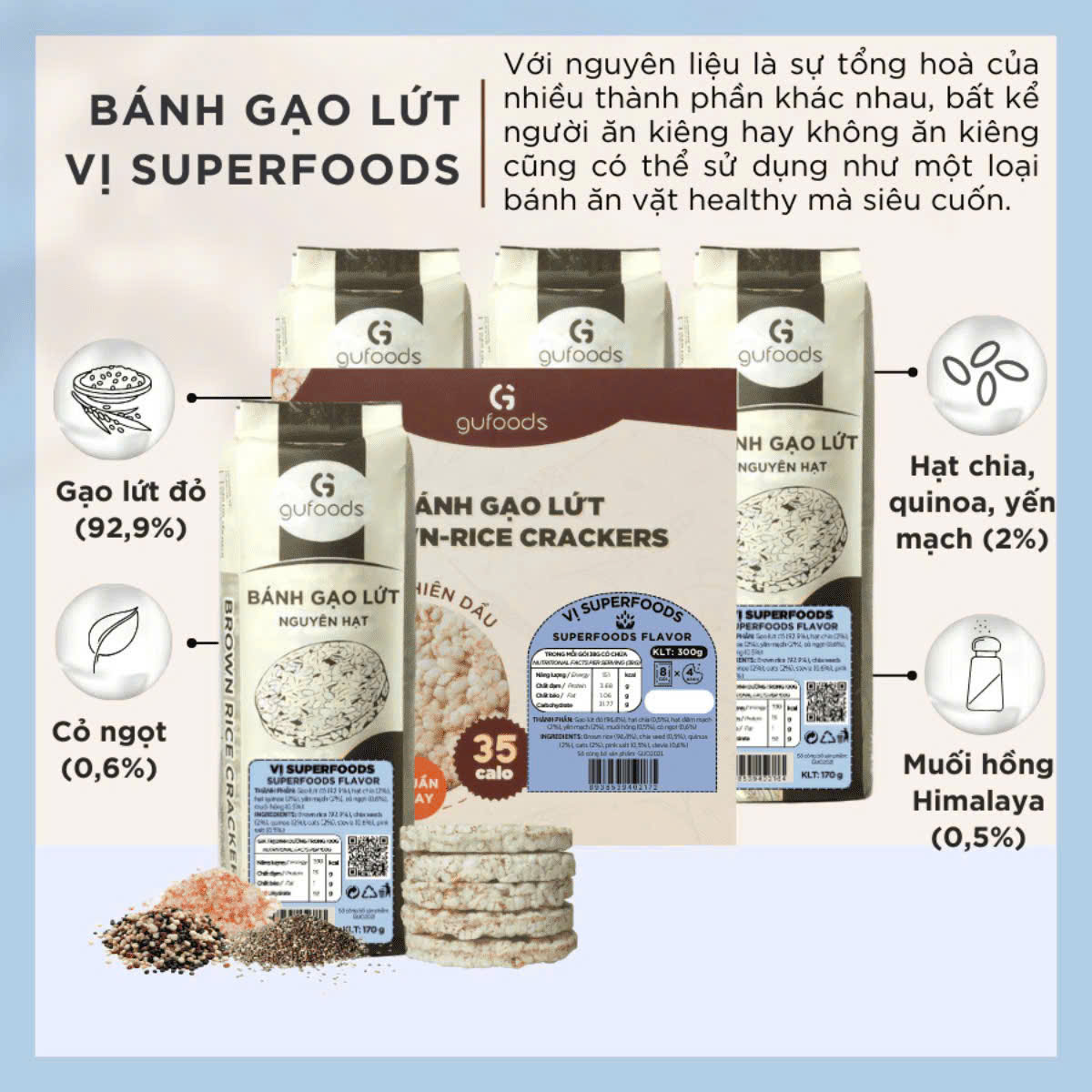 Combo 5 Gói Bánh Gạo Lứt GUfoods Mix Vị Superfoods, Cỏ Ngọt, Muối Hồng, Nguyên Bản, Yến Mạch (170g) - Ăn Vặt Healthy