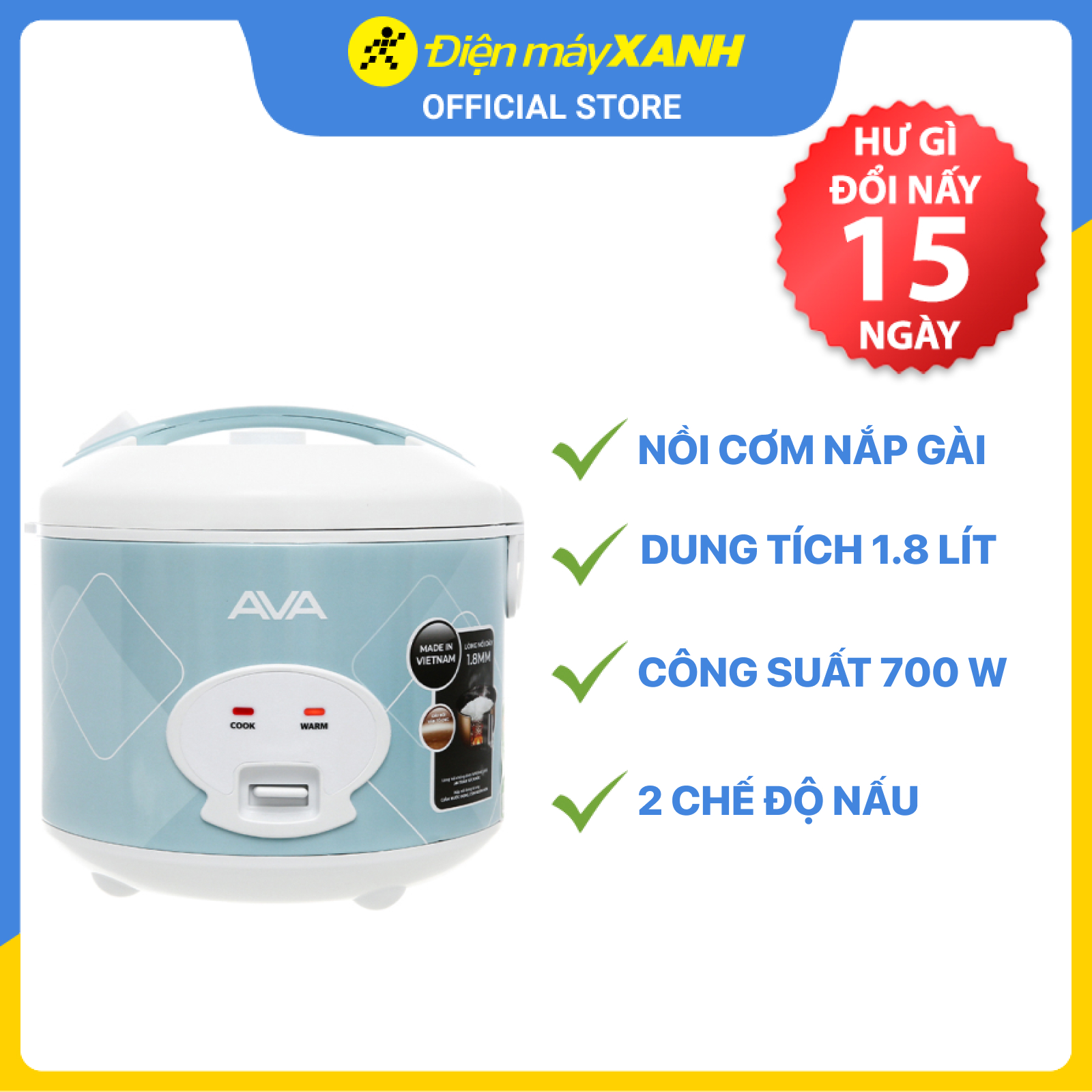 Nồi cơm điện nắp gài Ava 1.8 lít NCG1806 - Hàng chính hãng