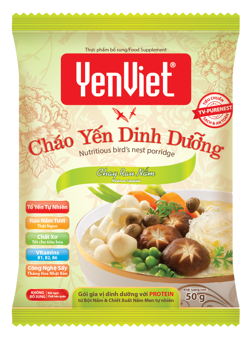 Yến Việt - Cháo yến dinh dưỡng chay rau nấm, bổ sung vitamin B, không bột ngọt, chất bảo quản thùng 30 gói x 50g