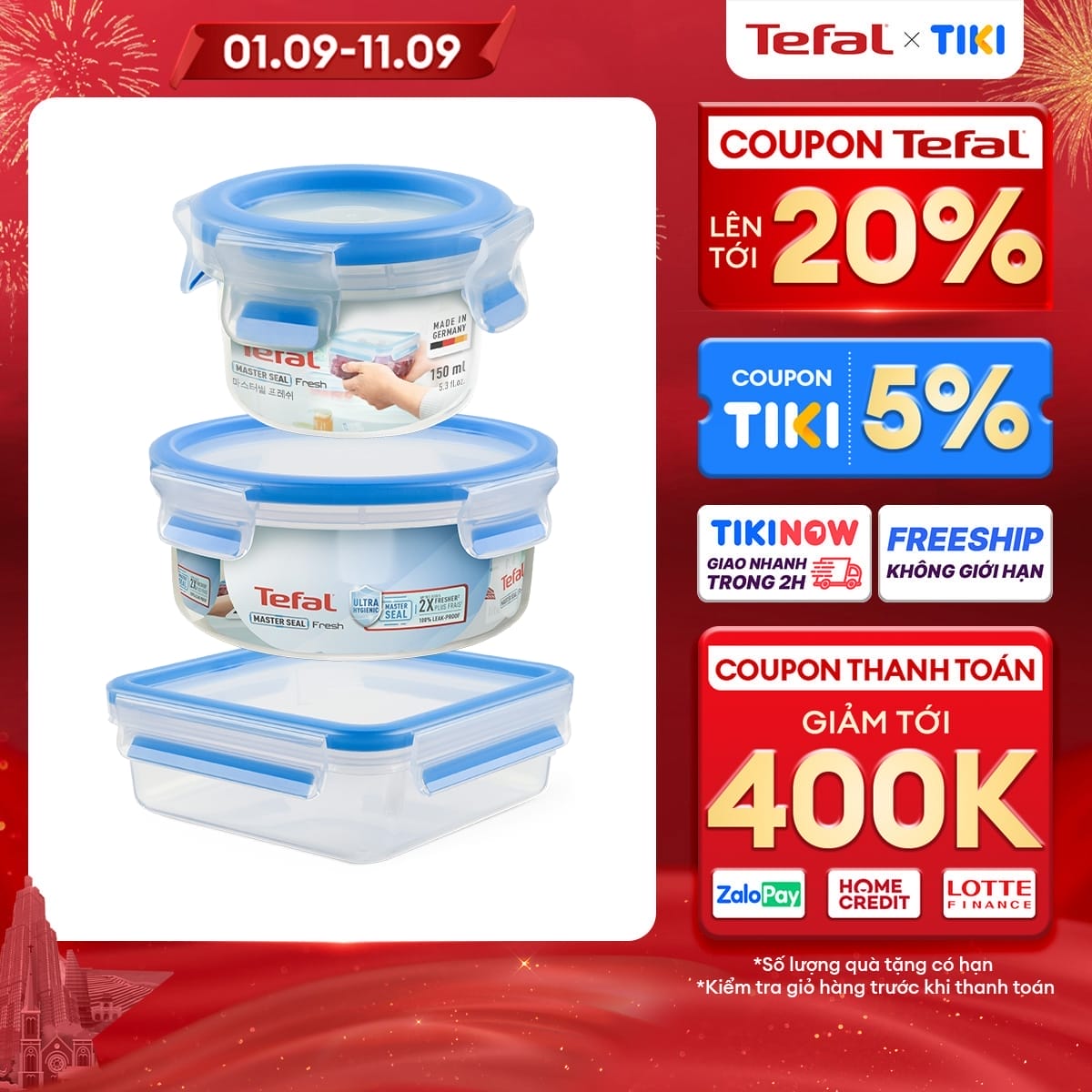 Bộ 3 hộp nhựa tròn, hộp nhựa vuông Tefal Masterseal Fresh 150ml, 850ml, 0.85L - xanh