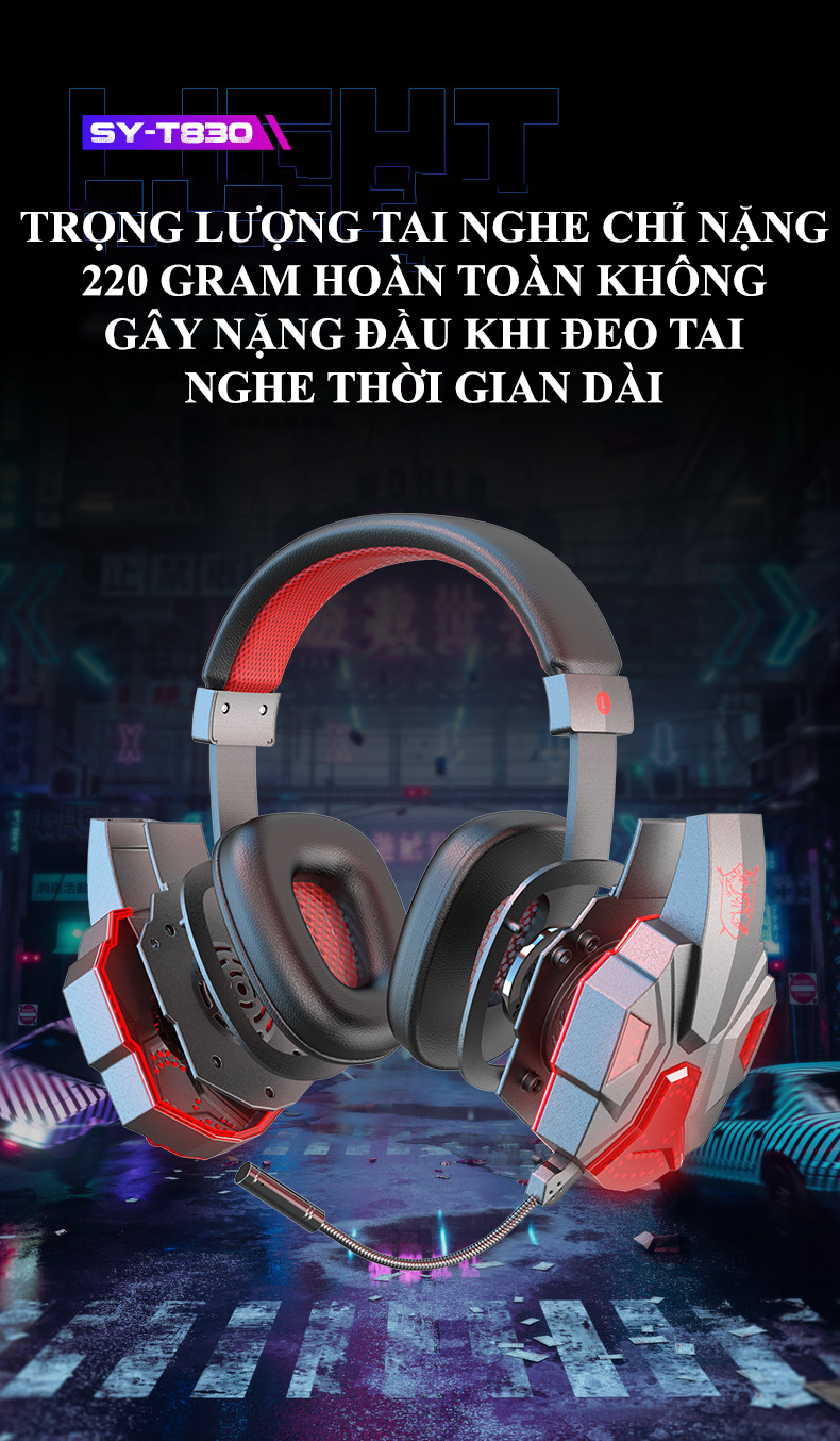 Tai nghe gaming SY-T830 kết nối bằng Bluetooth và cổng AUX 3.5mm có đèn led và âm thanh sống động phù hợp cho game thủ