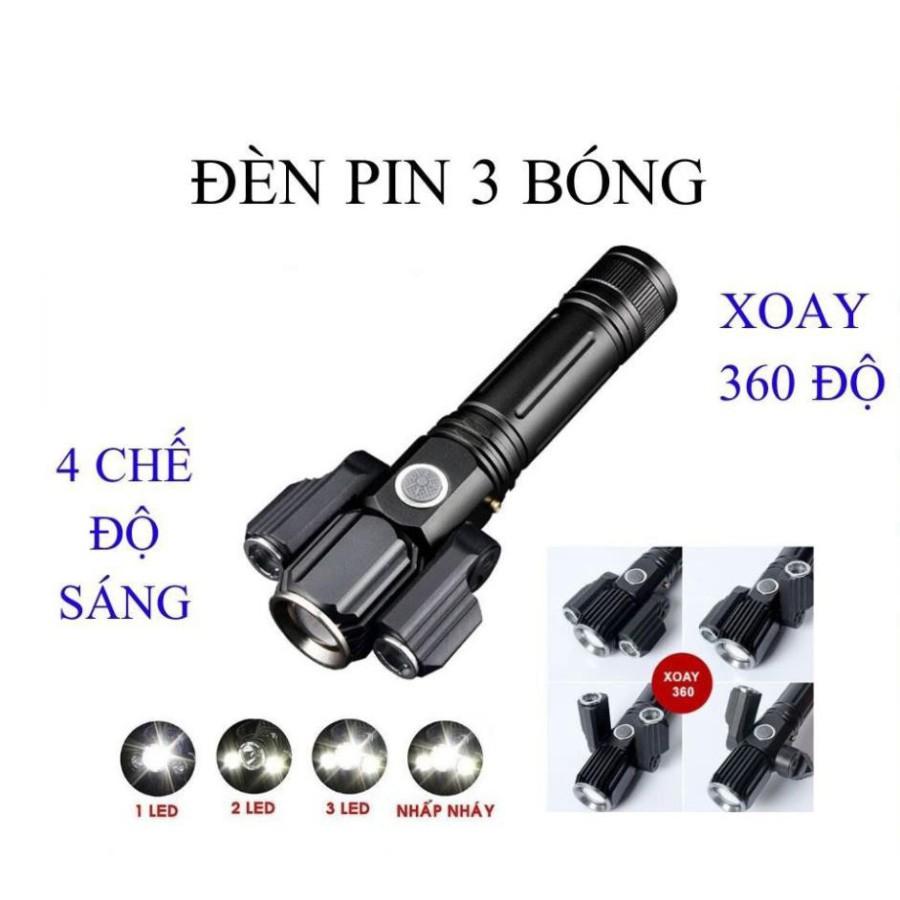 Đèn Pin Led Cầm Tay 3 Bóng Siêu Sáng Xoay 360 Độ, 4 Chế Độ Ánh Sáng