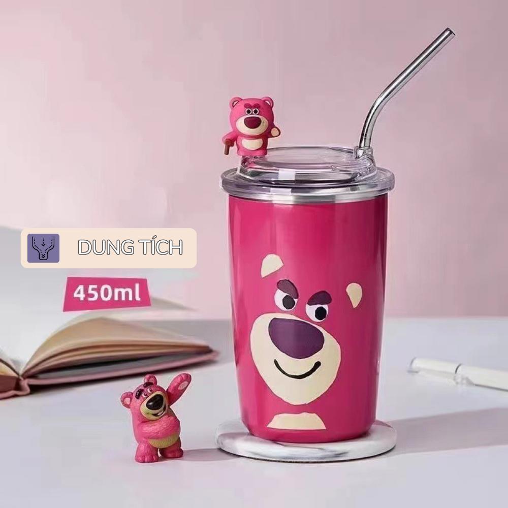 Cốc giữ nhiệt, ly giữ nhiệt Gấu Dâu Lotso tặng kèm ống hút dung tích 450ml chất liệu inox cao cấp giữ nhiệt từ 8-12 giờ