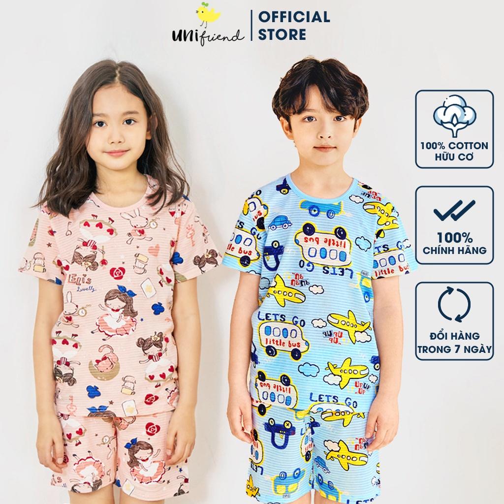 Đồ bộ quần áo thun cotton giấy cho bé trai, bé gái mặc nhà mùa hè Unifriend Hàn Quốc U2022-8. Size đại 5, 6, 8, 10 tuổi