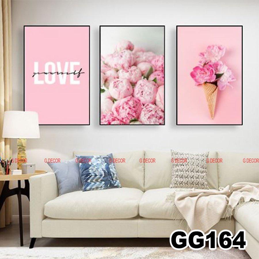 Tranh treo tường canvas 3 bức phong cách hiện đại Bắc Âu 178, tranh hoa lá trang trí phòng khách, phòng ngủ, spa, decor