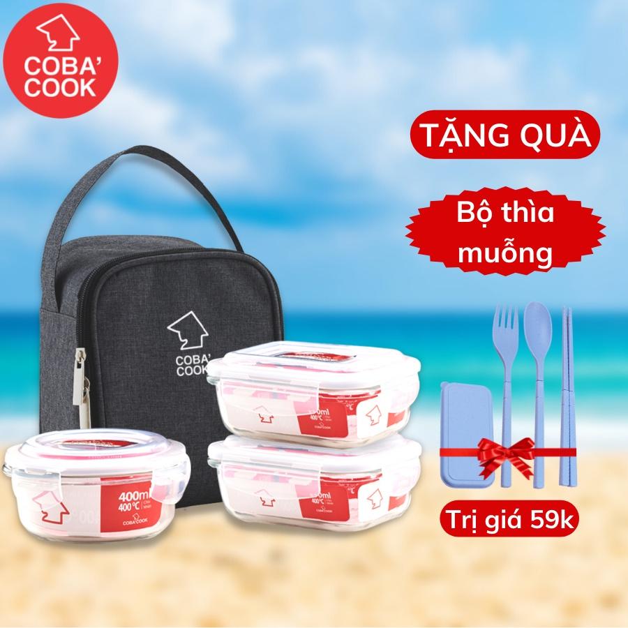 [Tặng Muỗng Đũa] Bộ 3 Hộp Cơm Thủy Tinh Chịu Nhiệt COBACOOK 2 Hộp 370ml 1 Hộp 400ml Và Túi Giữ Nhiệt- CCR4L33BS