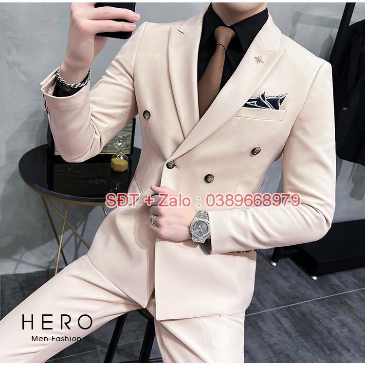 Bộ Vest Nam Cao Cấp Hàn Quốc 6 Khuy Màu Be, Bộ Suit Nam Chất Vải Sịn màu Kem
