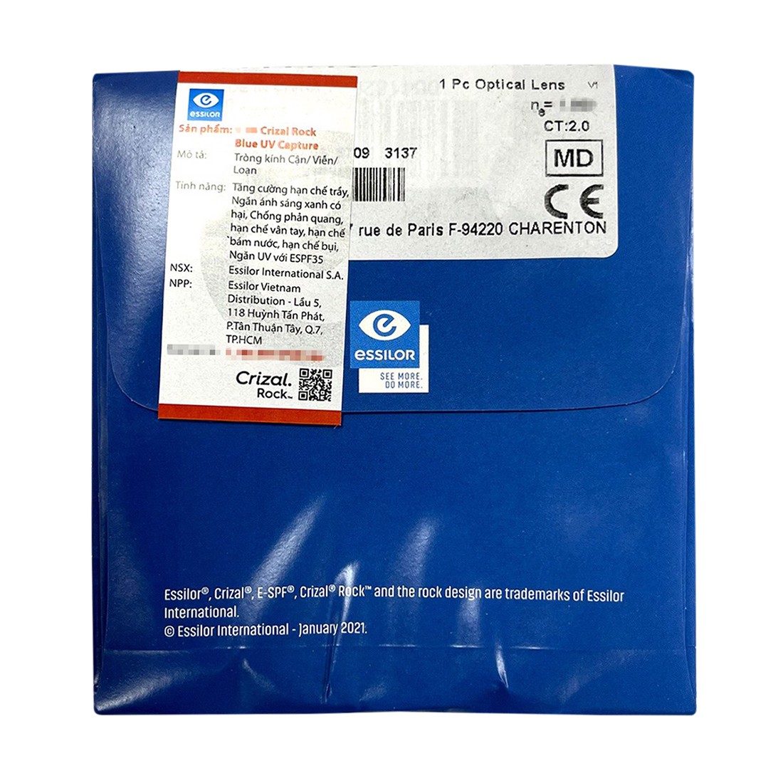 Tròng Essilor Crizal Rock chống ánh sáng xanh bảo vệ mắt khi ngồi máy tính điện thoại cho tầm nhìn trong suốt độ bền cao