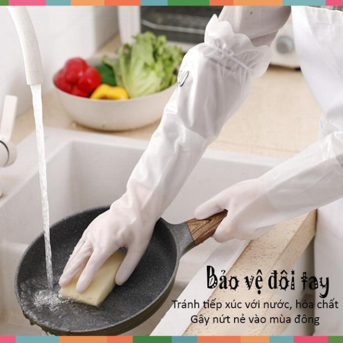 Găng tay rửa chén bát nót nỉ - Cổ cao - Có chun chống tụt