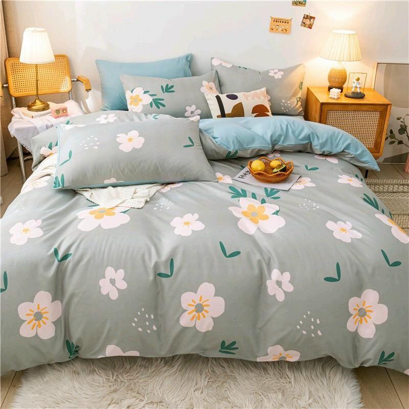 Bộ chăn ga Cotton Poly M2T bedding chăn ga Hàn Quốc Hoa trắng bạc đủ size miễn phí bo chun