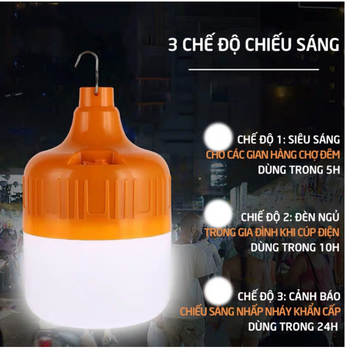 Bóng đèn led tích điện 30w có móc treo kèm sạc, bóng đèn tích điện 3 chế độ sáng