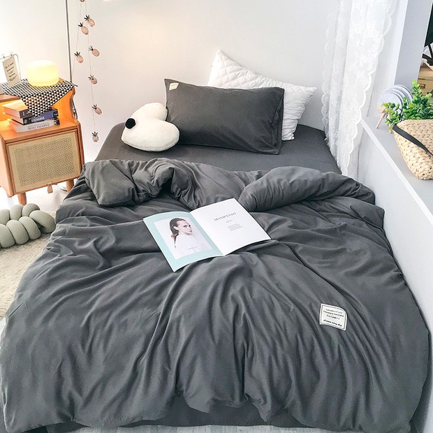Bộ Chăn Ga Gối Cotton Tici LIDACO - Xám Đậm - Tặng 01 Vỏ Gối Ôm