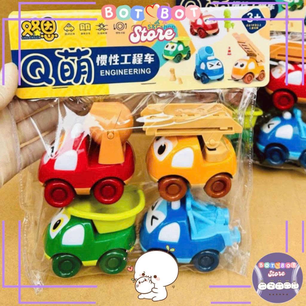 Set 4 ô tô quán tính mi ni dây cót hoạt hình mô tả xe công trình, xe kỹ thuật, xe thang, xe cứu hộ