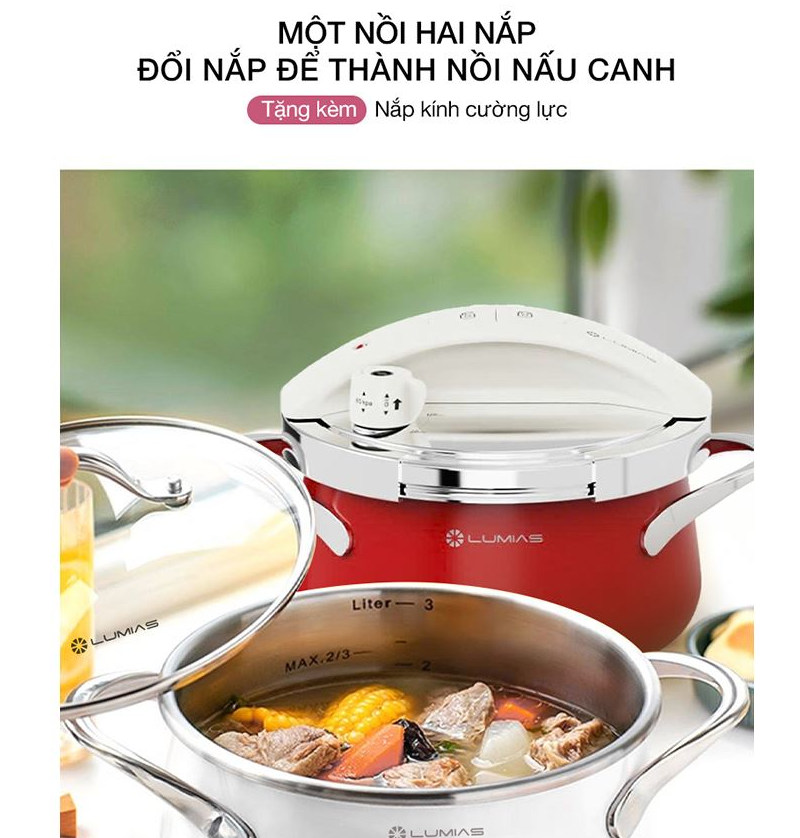 Nồi áp suất cơ Inox 304 Hàn Quốc dung tích 3L LPC-068 kèm khay hấp, đáy từ - 120kPa- Hàng chính hãng
