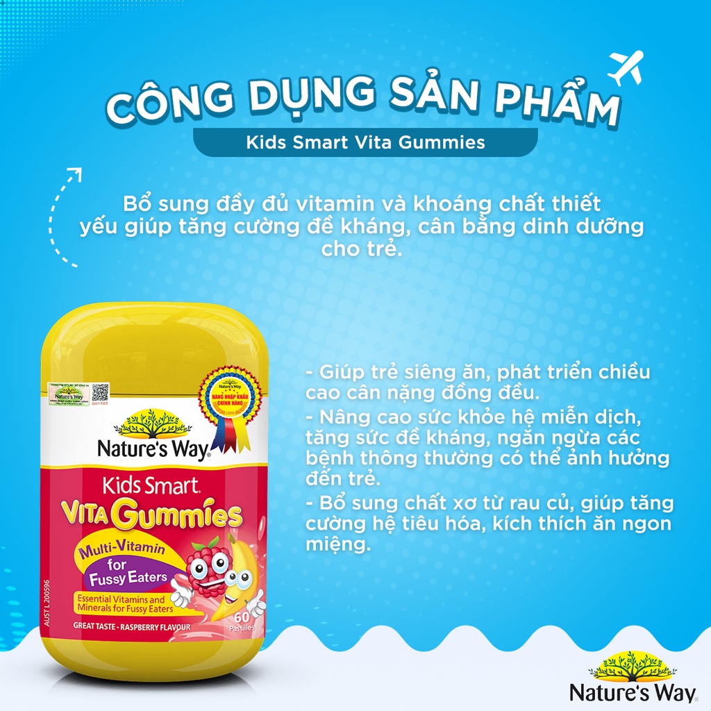 Combo 2 Kẹo Dẻo Cho Bé Nature's Way Kids Smart Vita Gummies Calcium + Vitamin D Và Multi Vitamin for Fussy Eaters