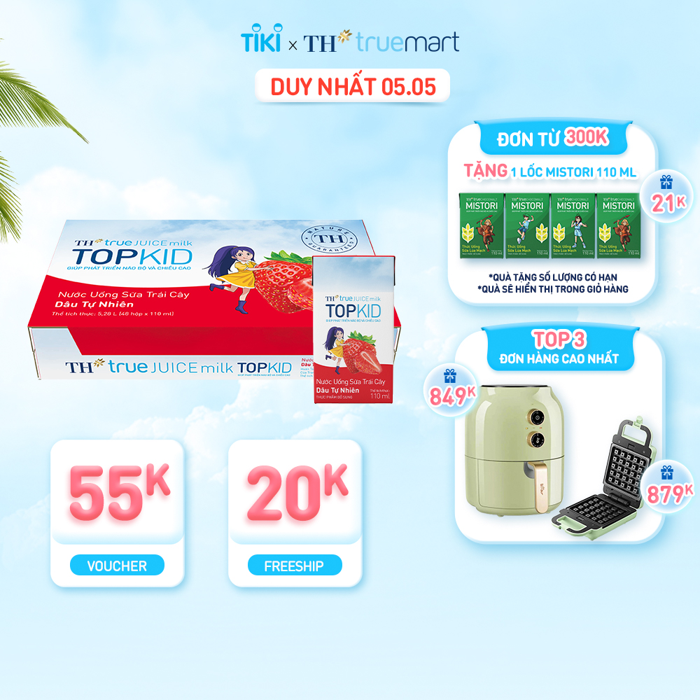 Thùng 48 hộp nước uống sữa trái cây TH true JUICE milk TOPKID hương dâu tự nhiên 110 ml (110 ml x 48)