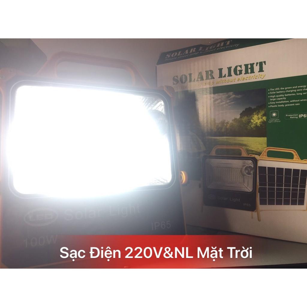 Đèn Pha Led Năng Lượng Mặt Trời 100w Cầm Tay, Sạc Được Cả Điện 220V&amp; Năng Lượng Mặt Trời