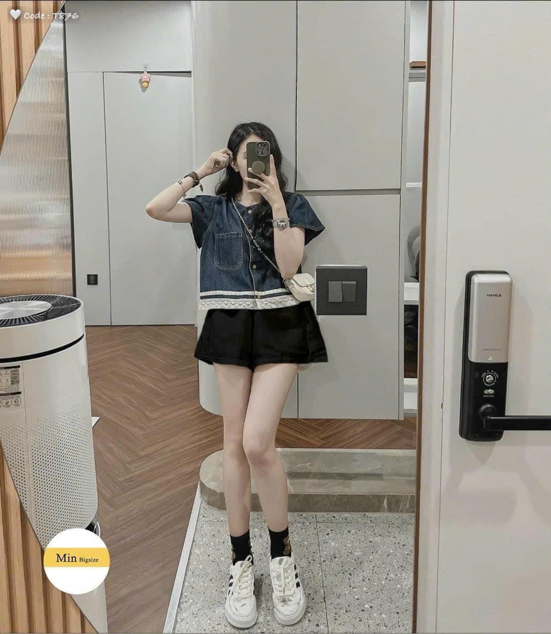 SET ĐI CHƠI, SET 2 MÓN ÁO SƠ MI JEAN TAY NGẮN VIỀN REN PHỐI QUẦN ĐÙI CỰC XINH IU