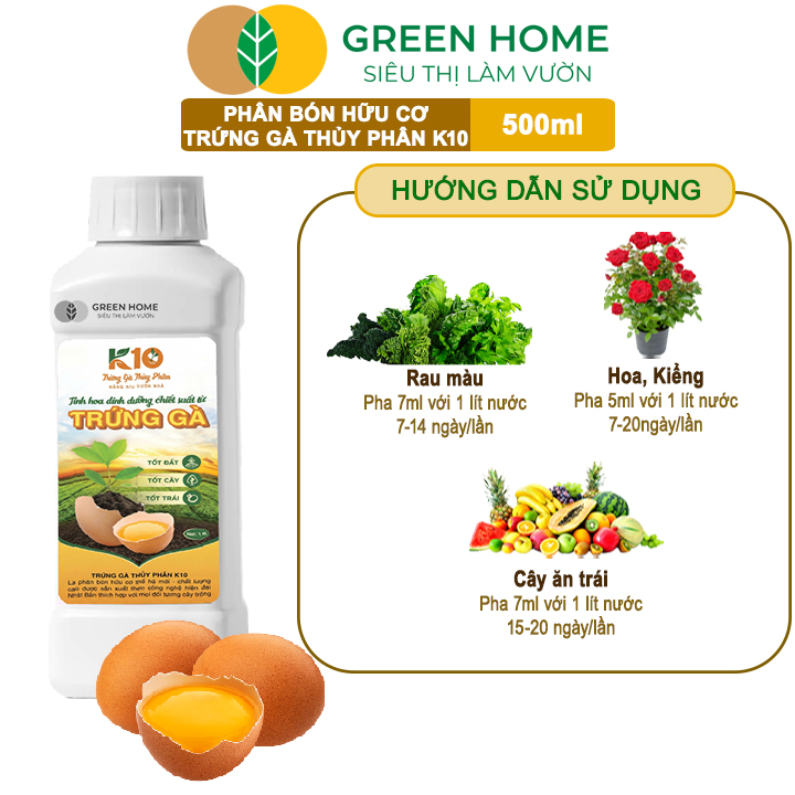 Phân Đạm Trứng Gà Thủy Phân K10 GreenHome, Chai 500ml, Axit Amin Tự Nhiên Từ Trứng Gà, Cải Tạo Đất