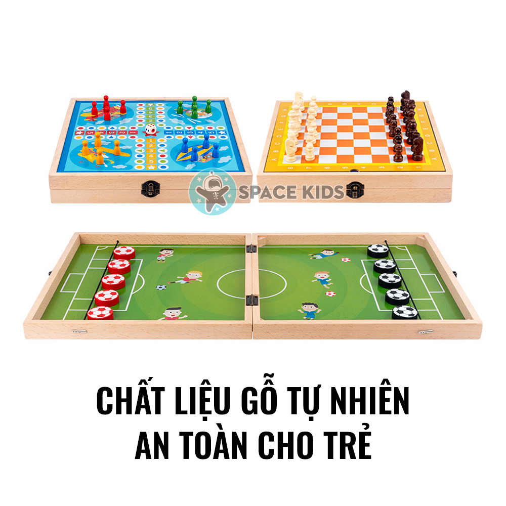 Bộ bàn cờ đa năng 3 trong 1 Cờ vua Cờ búng Cờ cá ngựa, bộ cờ 3 in 1 bằng gỗ cho bé