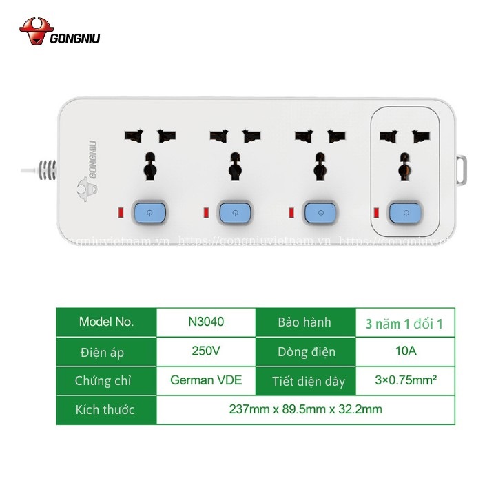 Ổ Cắm Điện Gongniu 4 Ổ Đa Năng 4 Công Tắc – Công Suất 10A/250/2500W – Trắng – Chính Hãng (N3040) hàng chính hãng