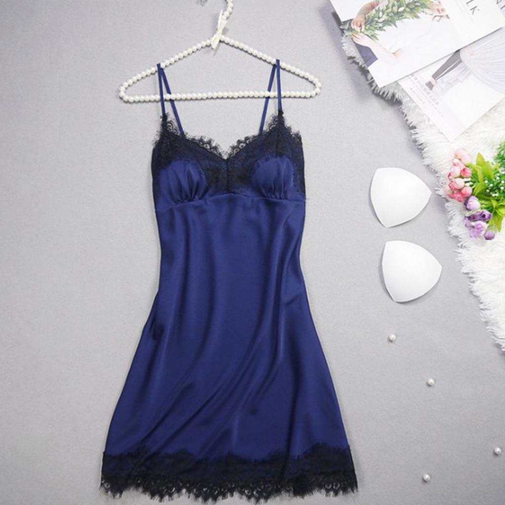2x Ladies V-Neck Pajama Sleeveless Black Lace Trim Lingerie Sleepwear Dress