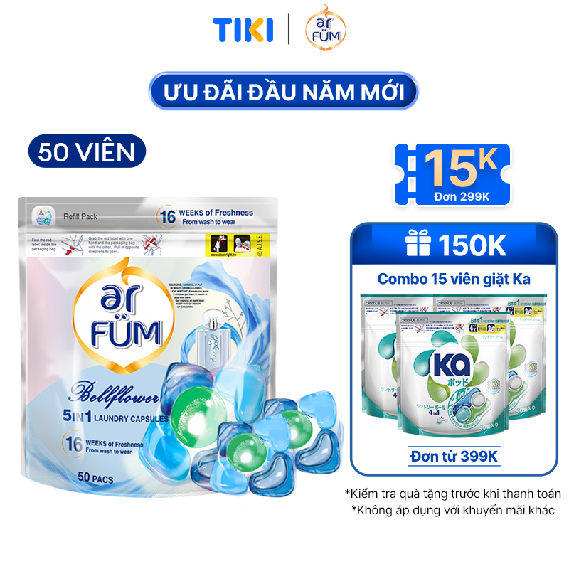 Viên giặt xả arFUM 5 trong 1 MỚI, tinh dầu nước hóa lưu hương lâu 16 tuần, khử khuẩn 99% - (50 viên/Túi)