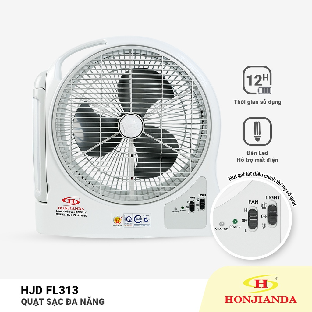 Quạt sạc tích điện dạng hộp AC&amp;DC 12 inch Honjianda FL323/FL313 1-2 bình - có đèn LED &amp; USB - Hàng chính hãng