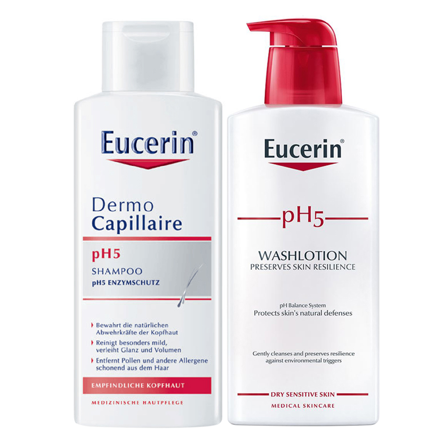 Bộ Dầu Gội Cho Da Nhạy Cảm Eucerin pH 5 Shampoo (250ml) Và Sữa Tắm Dành Cho Da Nhạy Cảm Eucerin pH 5 Washlotion Có Mùi (400ml)