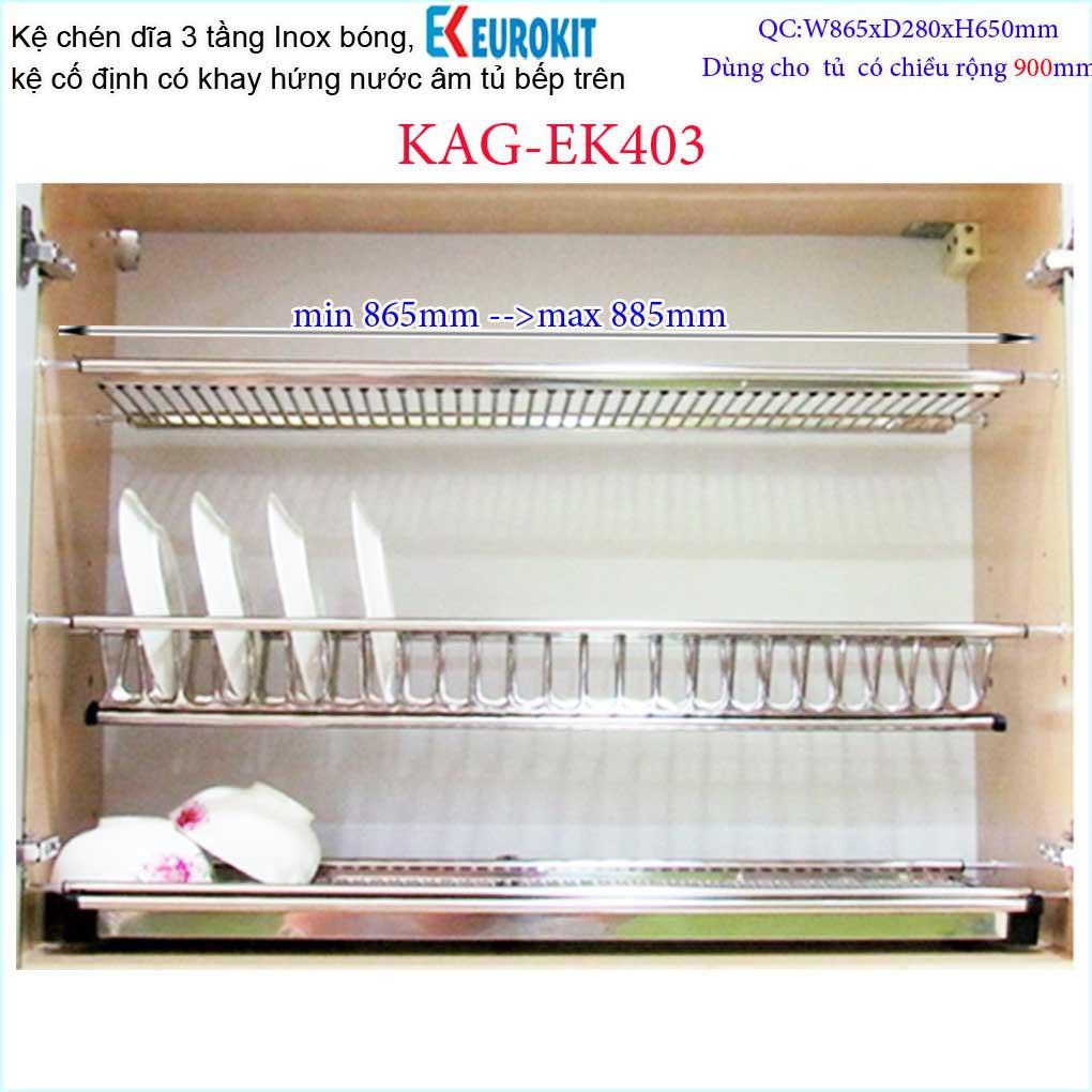 Kệ chén dĩa 3 tầng âm tủ chữ V KAG-EK403-90cm, kệ chén âm tủ Eurokit 90cm Inox bóng cao cấp