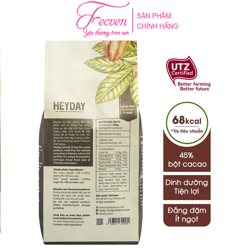 Bột Cacao Sữa Heyday Xocolatl Bold - Cacao Thượng Hạng Và Sữa Tách Béo - Đắng Đậm Vị Cacao, Ít Ngọt - Gu Đắng Đậm - FECVEN