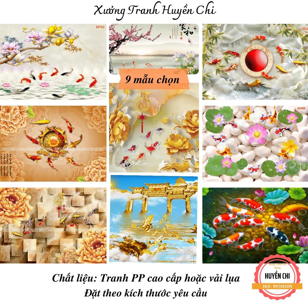 Tranh 3d dán tường trang trí phòng khách- tranh cửa ngư cá hoa sen- ép kim sa- Huyền Chi- Đặt theo kích thước yêu cầu