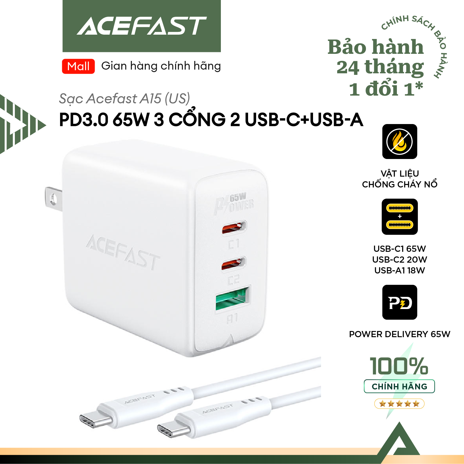 Sạc Acefast PD3.0 65W 3 cổng USB-C+USB-C+USB-A (US) - A15 Hàng chính hãng Acefast
