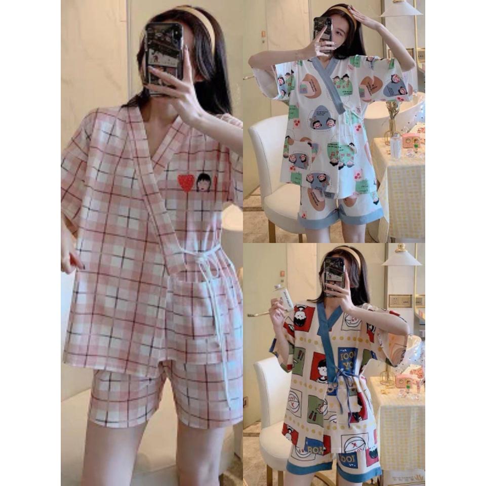 Bộ Ngủ Pijama Dây Eo Họa Tiết Set Nữ Cộc Tay Icon 5 Hình