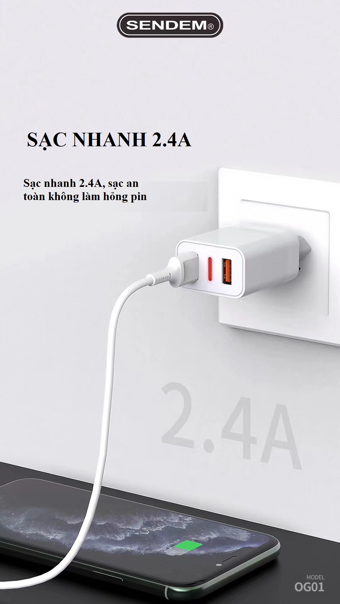 Củ sạc SENDEM OG01 2 cổng USB sạc nhanh 2.4A - Củ sạc đạt tiêu chuẩn EU - sạc nhanh an toàn cho điện thoại - Có báo đèn LED- Hàng chính hãng