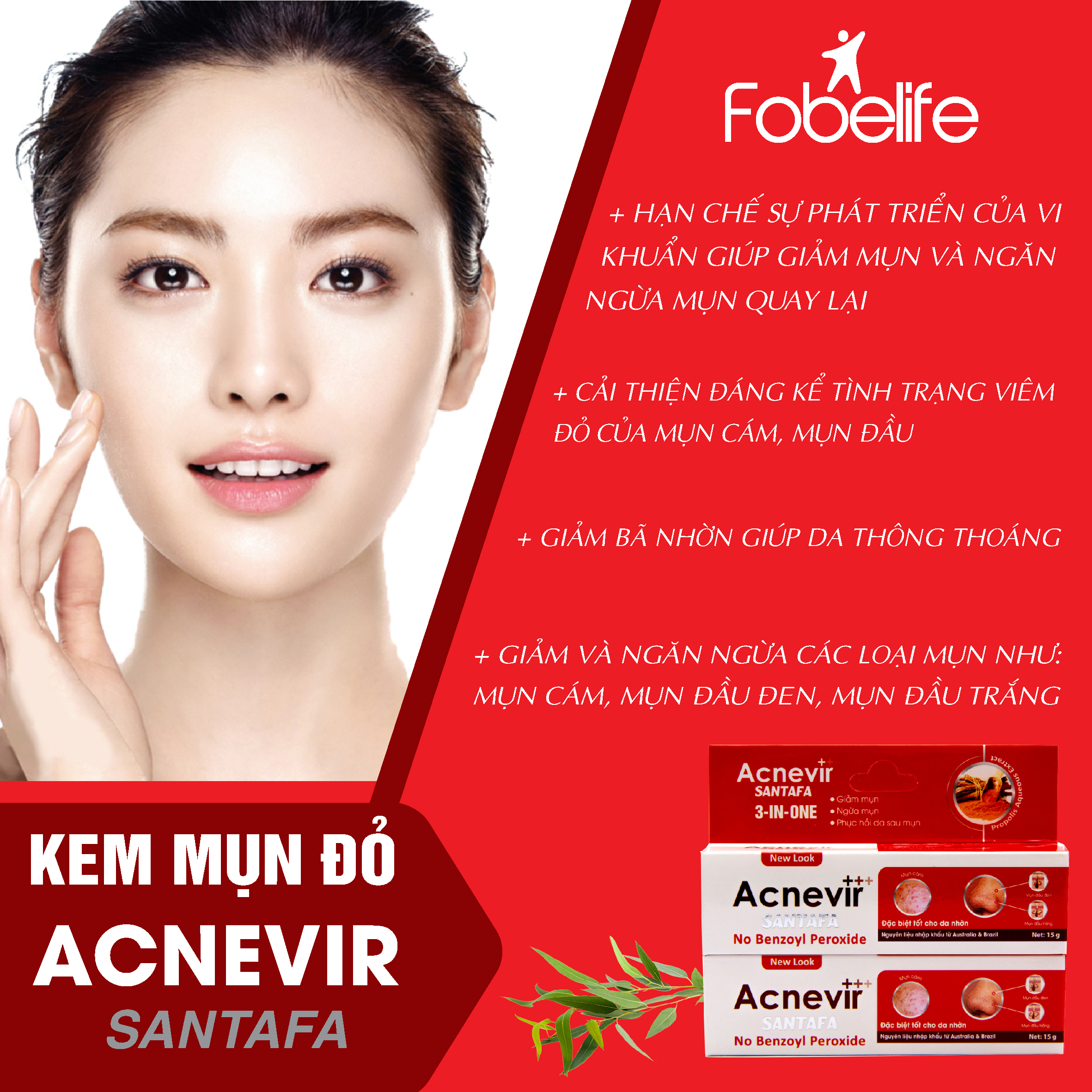 Combo 3 Kem Trị Mụn Đỏ Đầu Đen, Đầu Trắng, Mụn Cám Hiệu Quả Acnevir Santafa  Tuýp 15gr