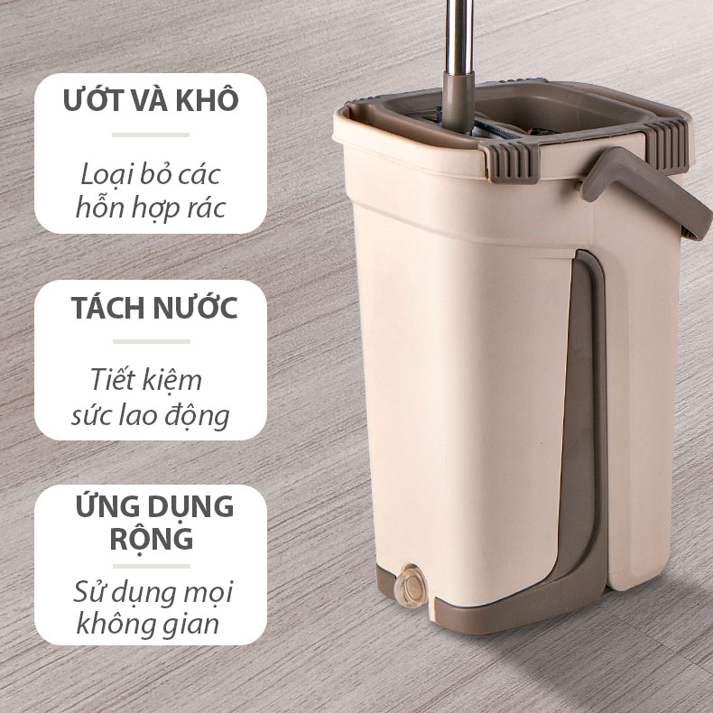 CÂY LAU NHÀ THÔNG MINH TỰ VẮT HHSM250 hai ngăn vắt và giặt, xả nước tiện lợi ở đáy thùng, bông lau tĩnh điện MICRO FIBER 33cm có hai đầu móc chắc chắn, nắp thùng dễ tháo rời vệ sinh