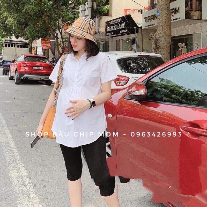 Áo Bầu Công Sở Sơmi Trắng Cộc Tay A11 - Chất Đũi Đẹp Cực Mềm Nhẹ Mát, Trẻ Trung VM Mom