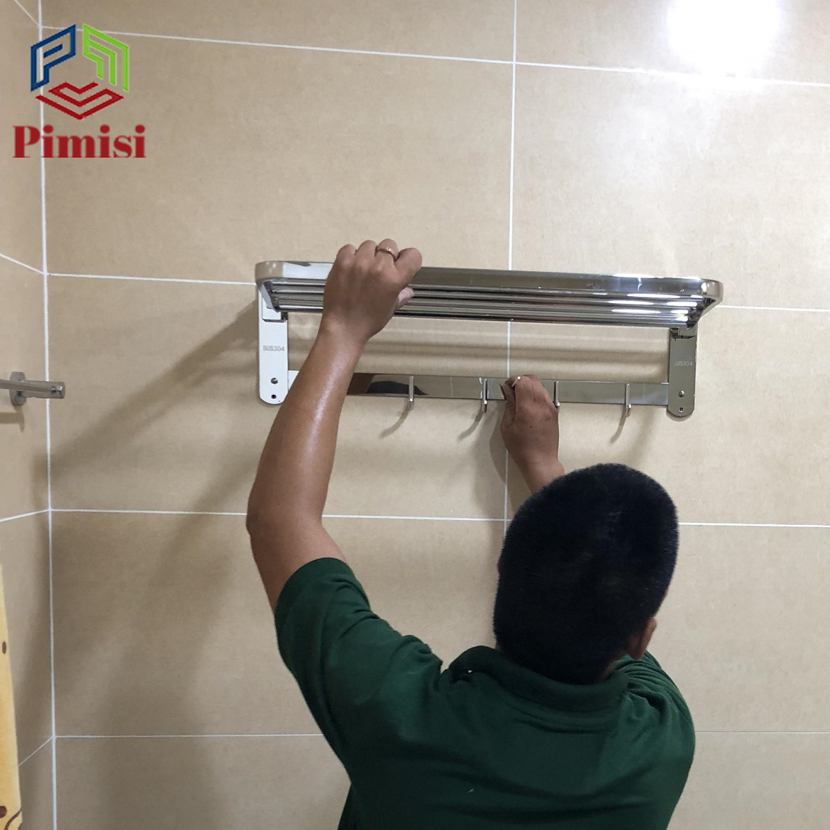 Kệ giá treo khăn tắm dán tường trong nhà vệ sinh Pimisi PR-011WM inox 304 giàn đa năng có kèm keo dán | hàng chính hãng