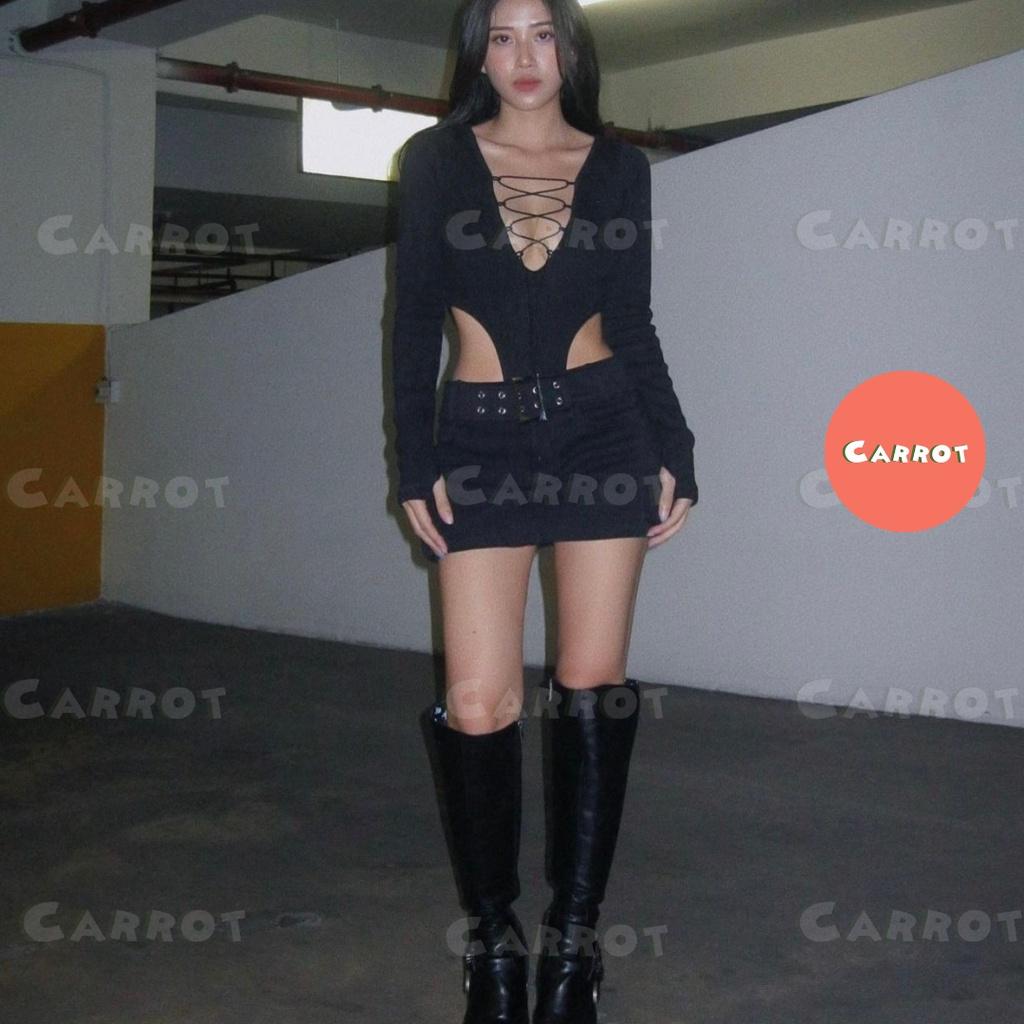 Set đồ nữ đi chơi sang chảnh áo croptop tay dài dây chéo chân váy ngắn đen rút dây tôn dáng ôm body carrotxinhdep