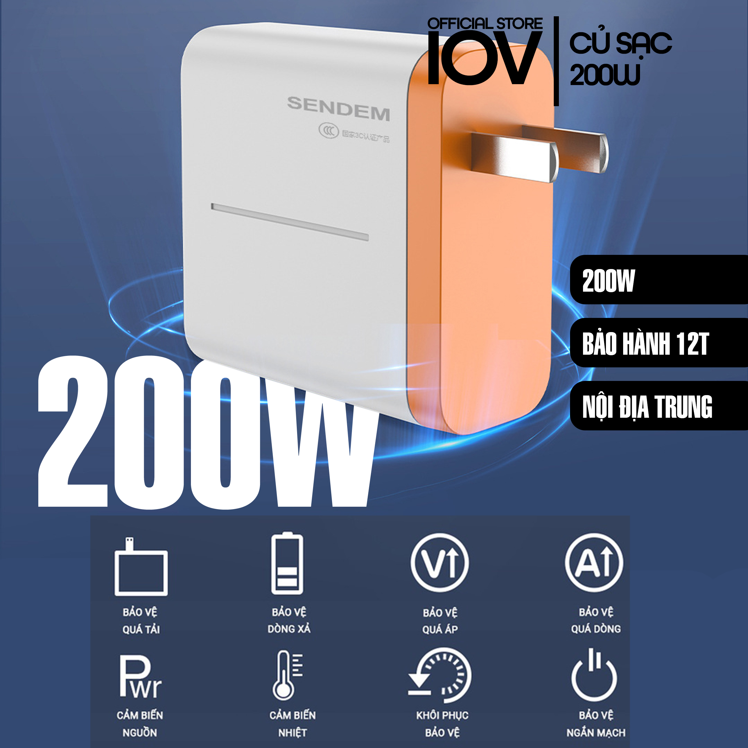 Combo Củ Sạc Nhanh + Dây Cáp Sendem 200W Quick Charge Chất Lượng Cao Dùng  cho Điện Thoại  Máy Tính Bảng Pin Dự Phòng - IOV