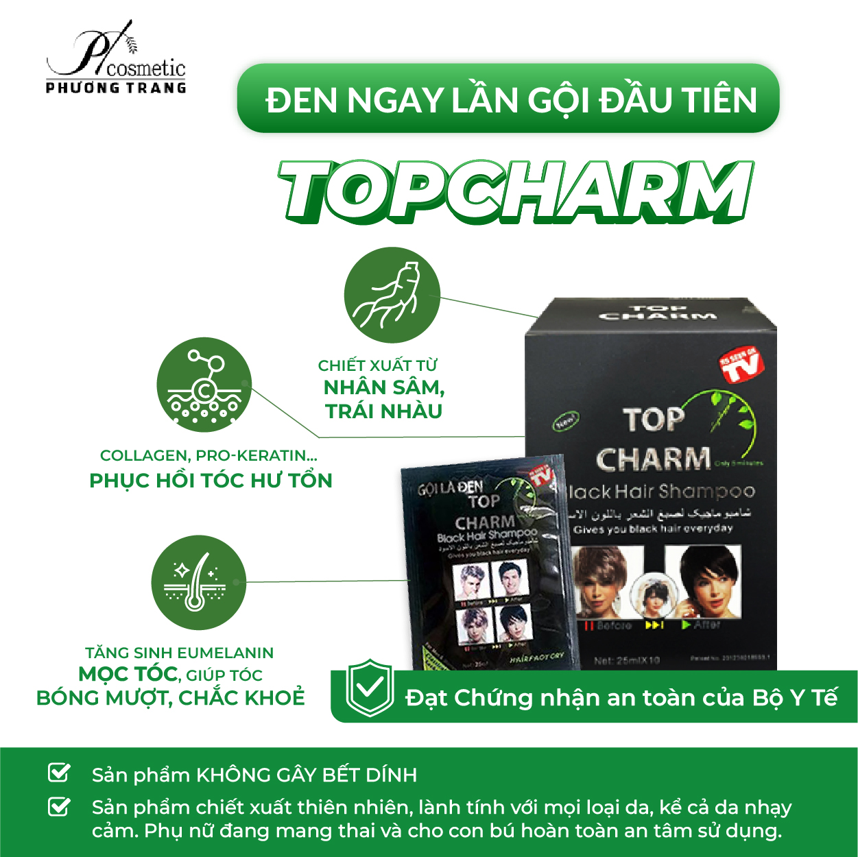 Dầu Gội Phủ Bạc TOPCHARM Nhuộm Đen Tóc Tự Nhiên Óng Ả An Toàn Cho Da Đầu Gói 25ml