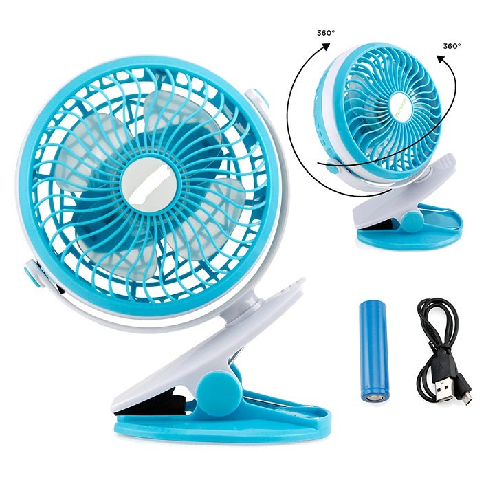Quạt Tích Điện Mini Kẹp Bàn Cực Mát Xoay 720 Độ Chắc Chắn Tiện Lợi