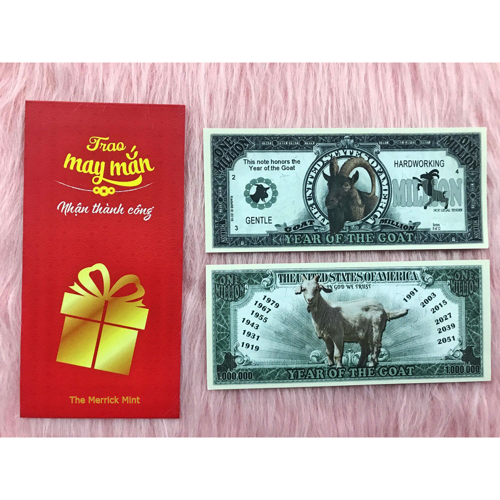 Tờ 1 triệu dollar lưu niệm hình con dê , quà tặng phong thủy, dùng để sưu tầm , quà tặng lì xì cho người tuổi Mùi - tặng kèm bao lì xì đỏ - The Merrick Mint