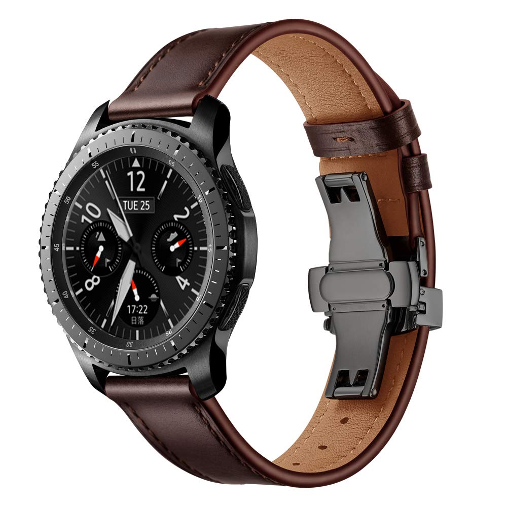 Dây Da màu Coffee Size 22mm Khóa Bướm Chống Gãy Cho Galaxy Watch 46, Gear S3, Huawei Watch GT 2, Fossil